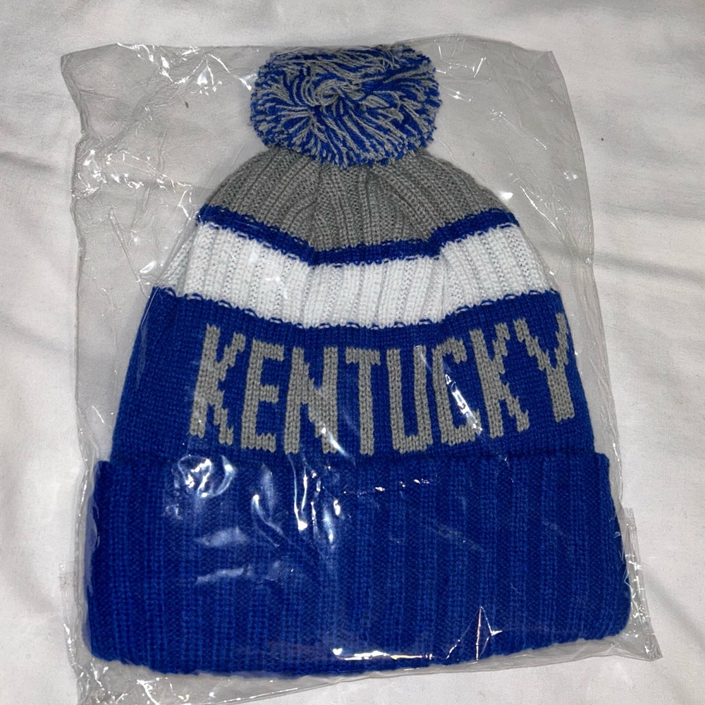 Blue and Gray Pom-Pom Beanie